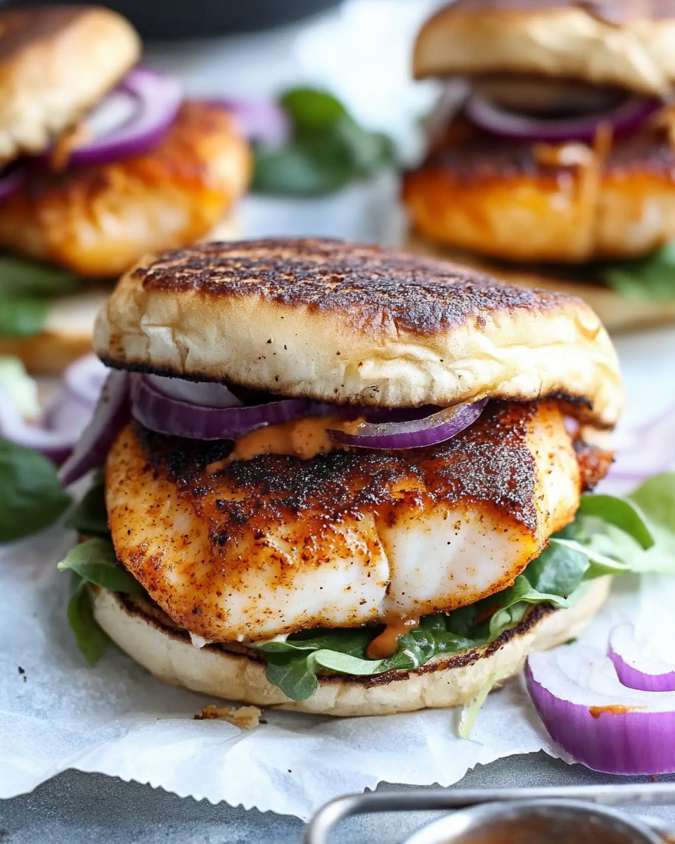 Blackened Fish Burger and Sriracha Mayo