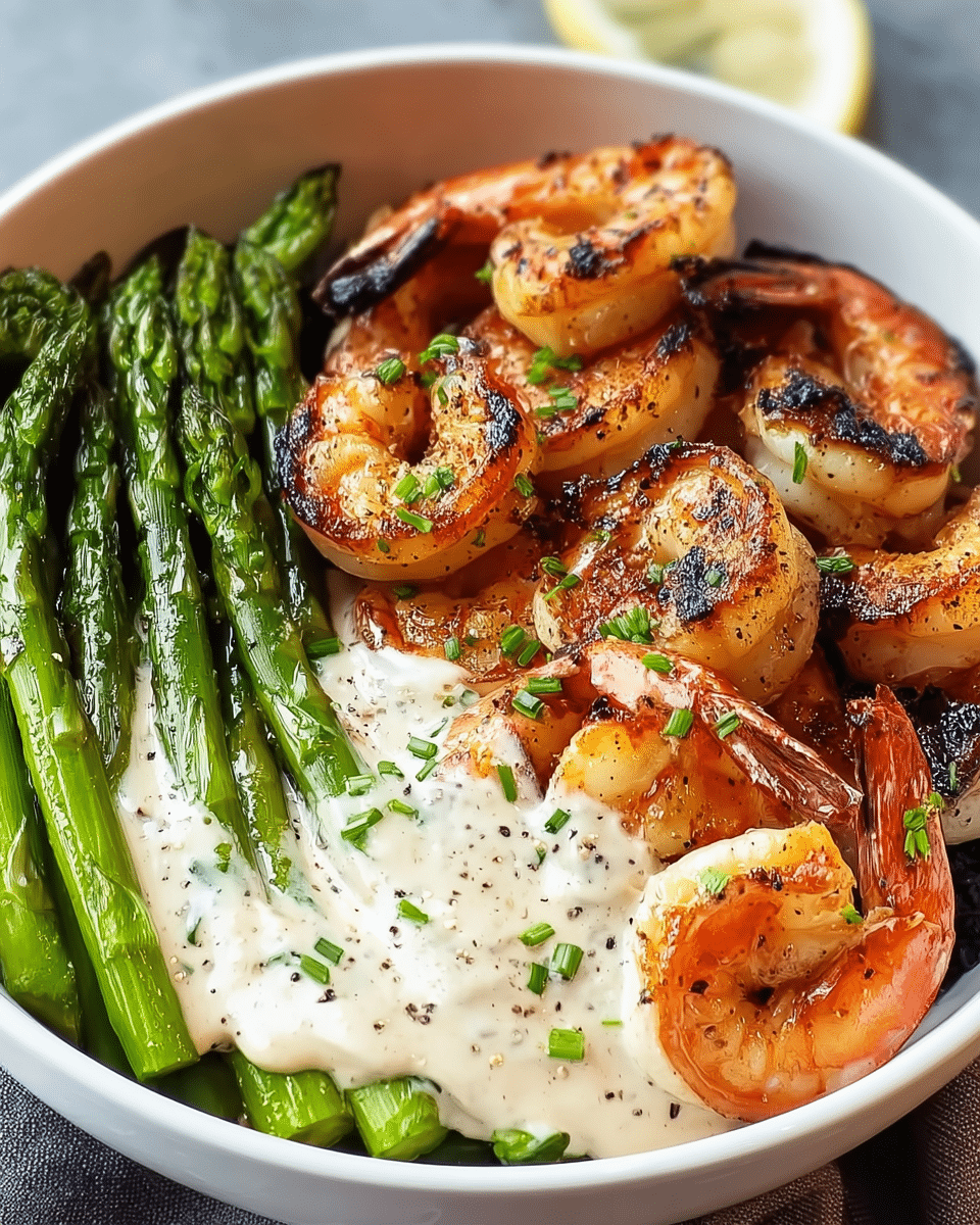 Grilled Shrimp Bowl with Asparagus & Creamy Garlic Sauce