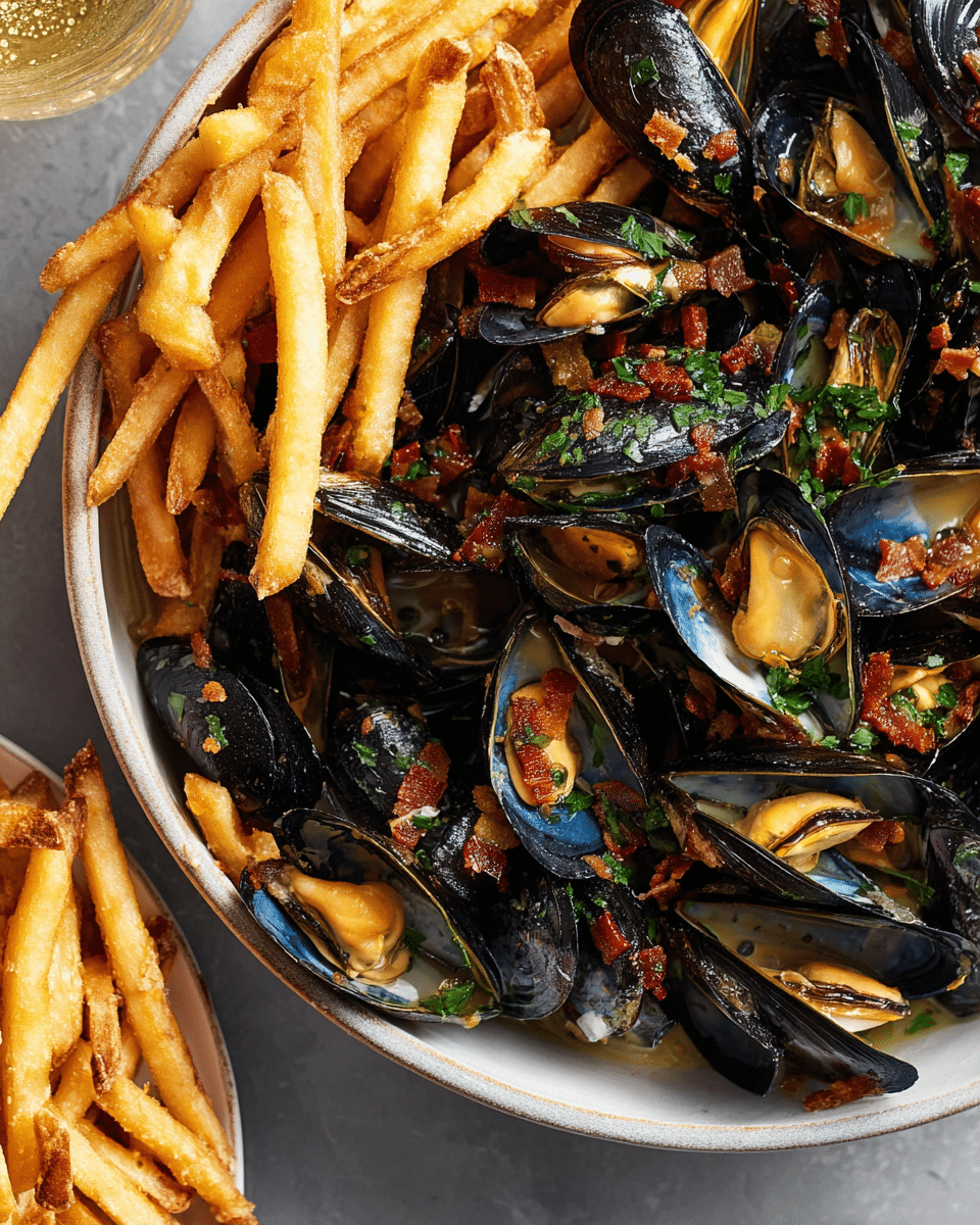 Moules Frites in White Wine with Pancetta
