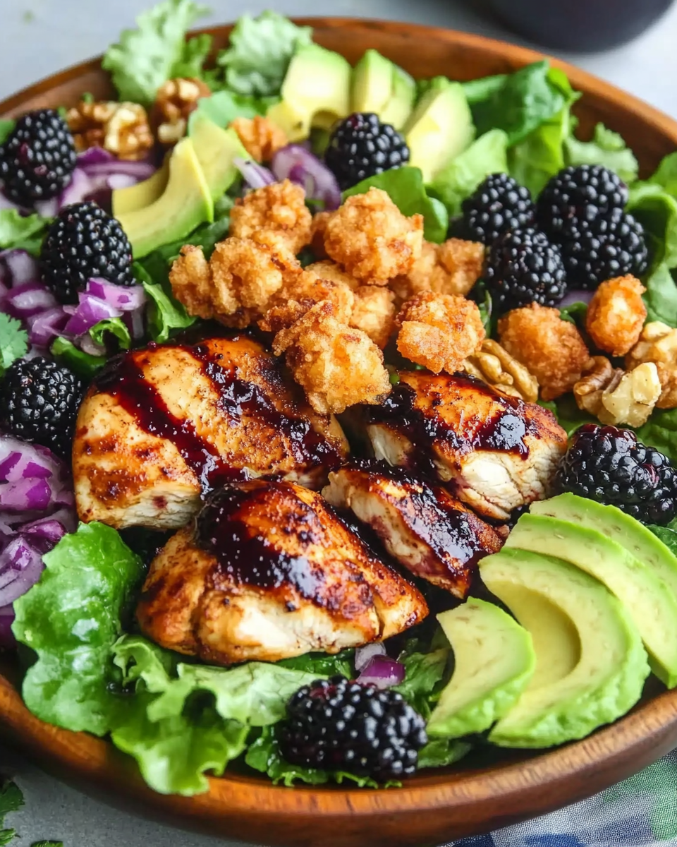 Blackberry Balsamic Grilled Chicken Salad with Crispy Fried Goat Cheese