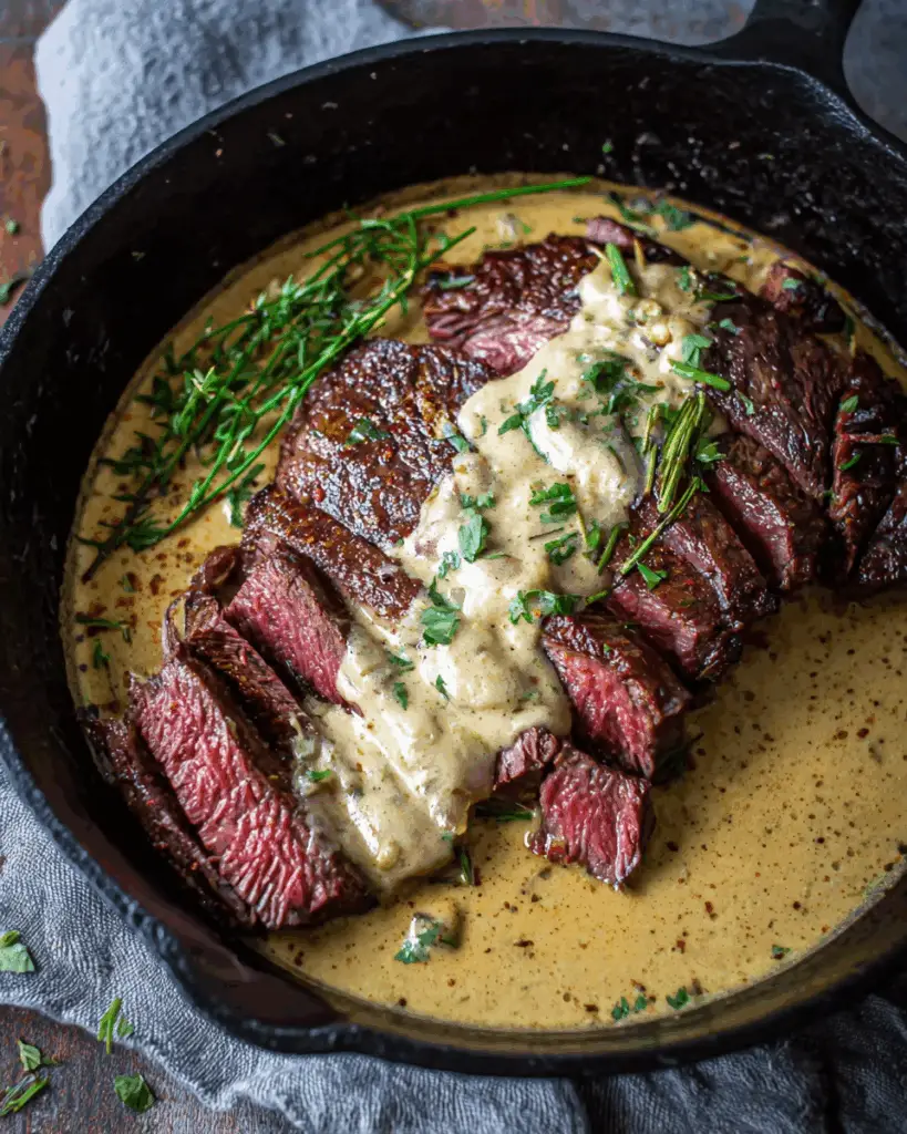 Cast Iron Bavette Steak with Whiskey Garlic Cream Sauce