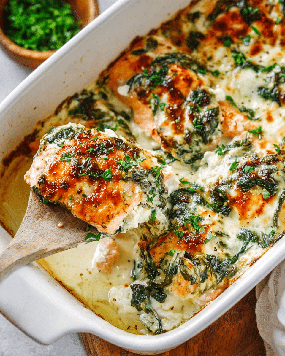 Spinach Salmon Casserole with Cream Cheese and Mozzarella