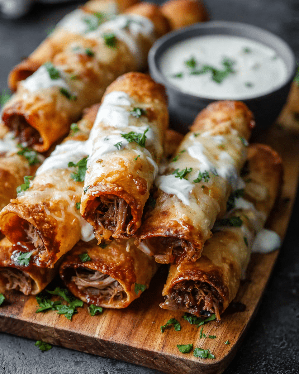 Cheesy Pulled Pork Taquitos with Chipotle Ranch Dressing