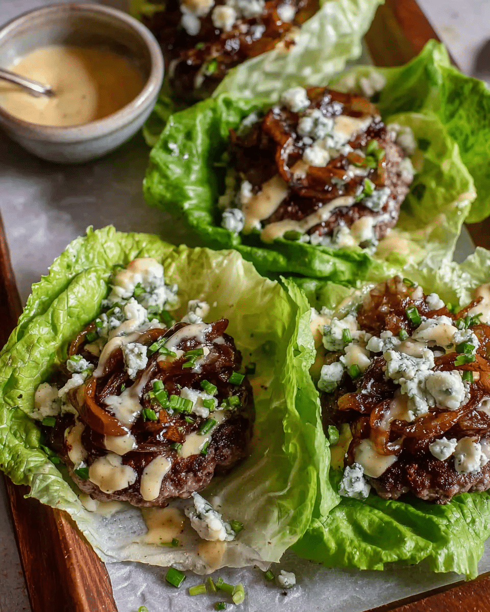Lettuce Wrap Blue CheeseBurgers with Caramelized Onions