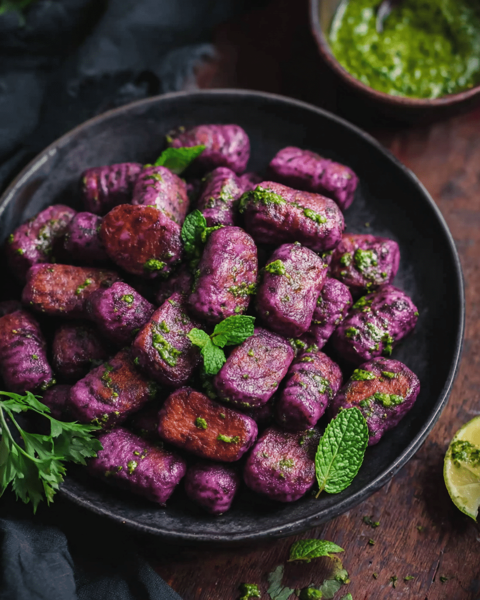 Purple Sweet Potato Gnocchi with Cilantro Mint Chutney