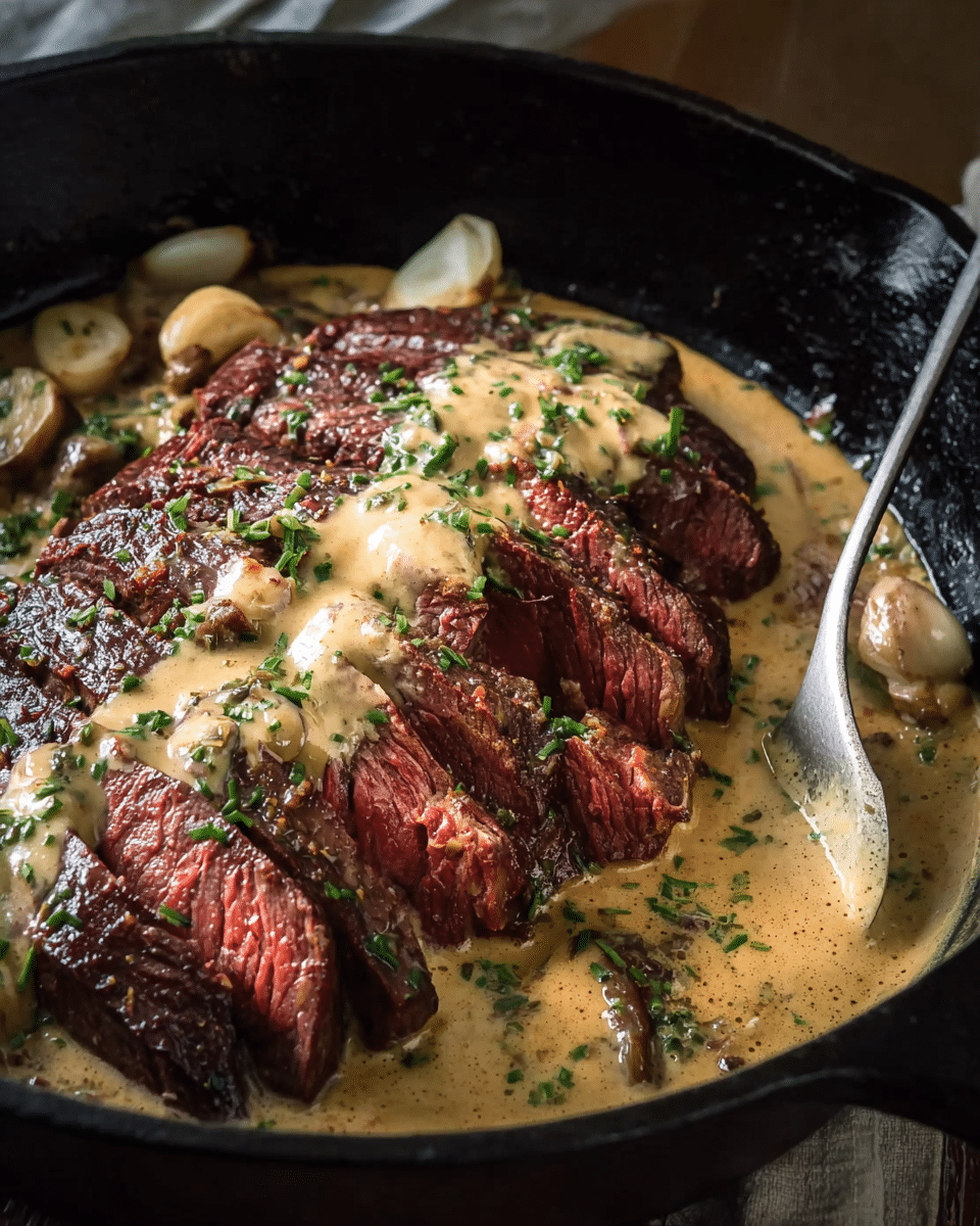 Cast Iron Bavette Steak with Whiskey Garlic Cream Sauce