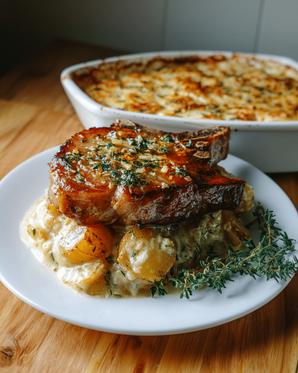 Sizzling Garlic Butter Pork Chops with Creamy Potato Bake