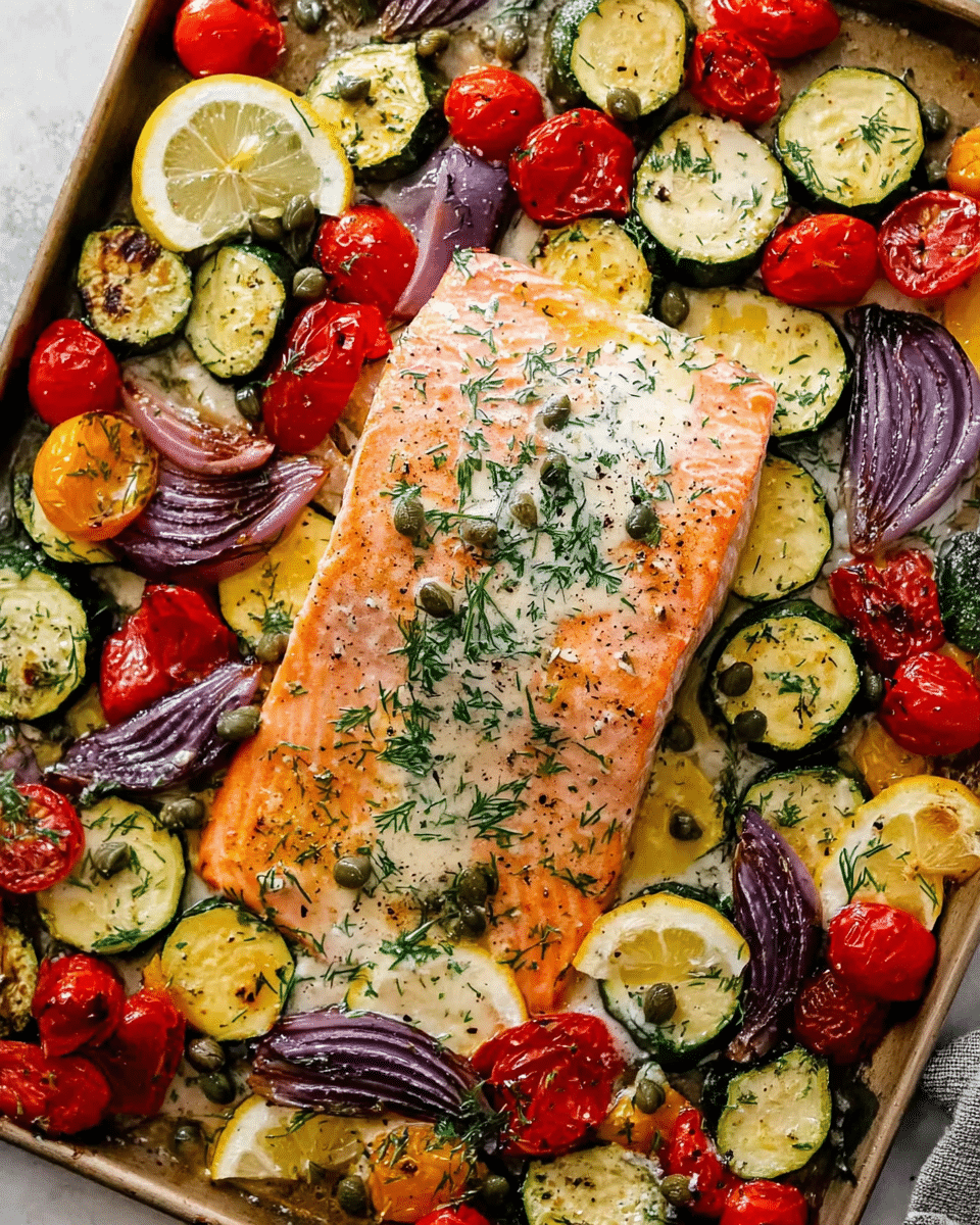 Broiled Sheet Pan Salmon & Summer Vegetables with Capered Lemon Dill Sauce