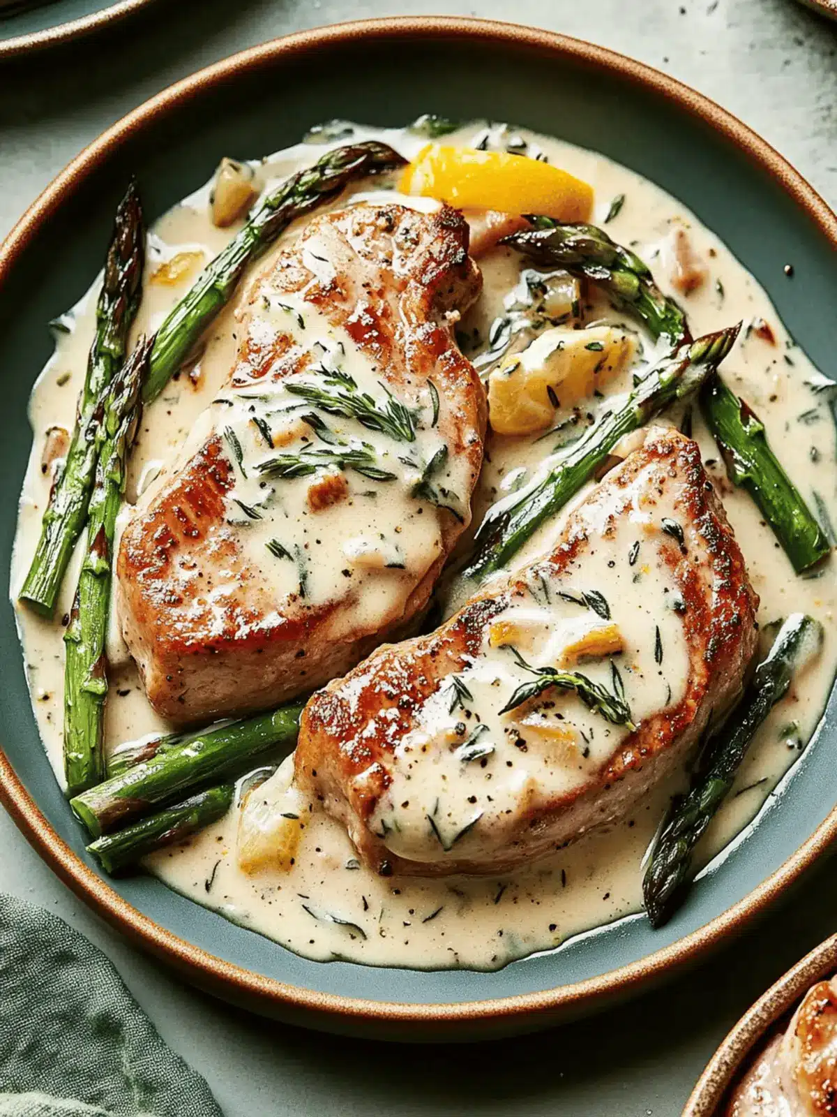 Pork Chops with Asparagus in Luscious Lemon Sage Cream Sauce