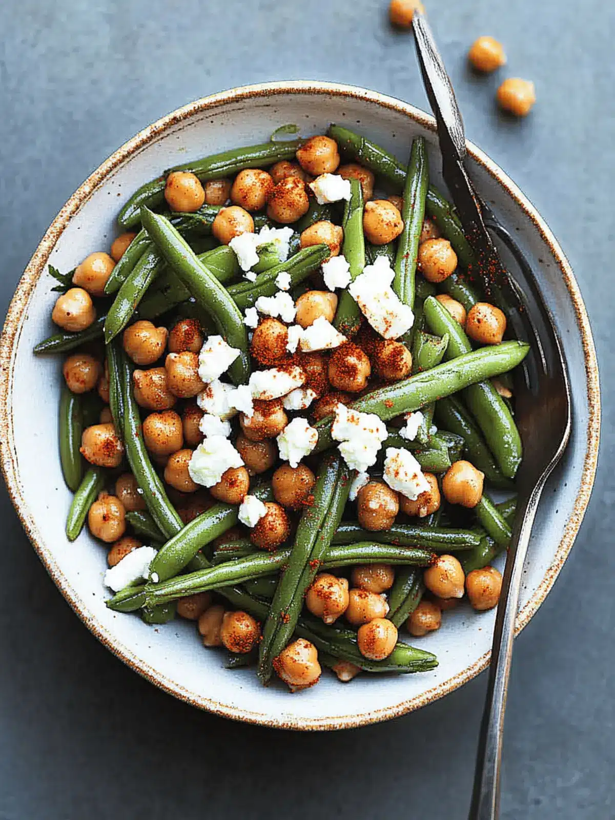 Spicy Harissa Green Beans with Feta and Crunchy Chickpeas