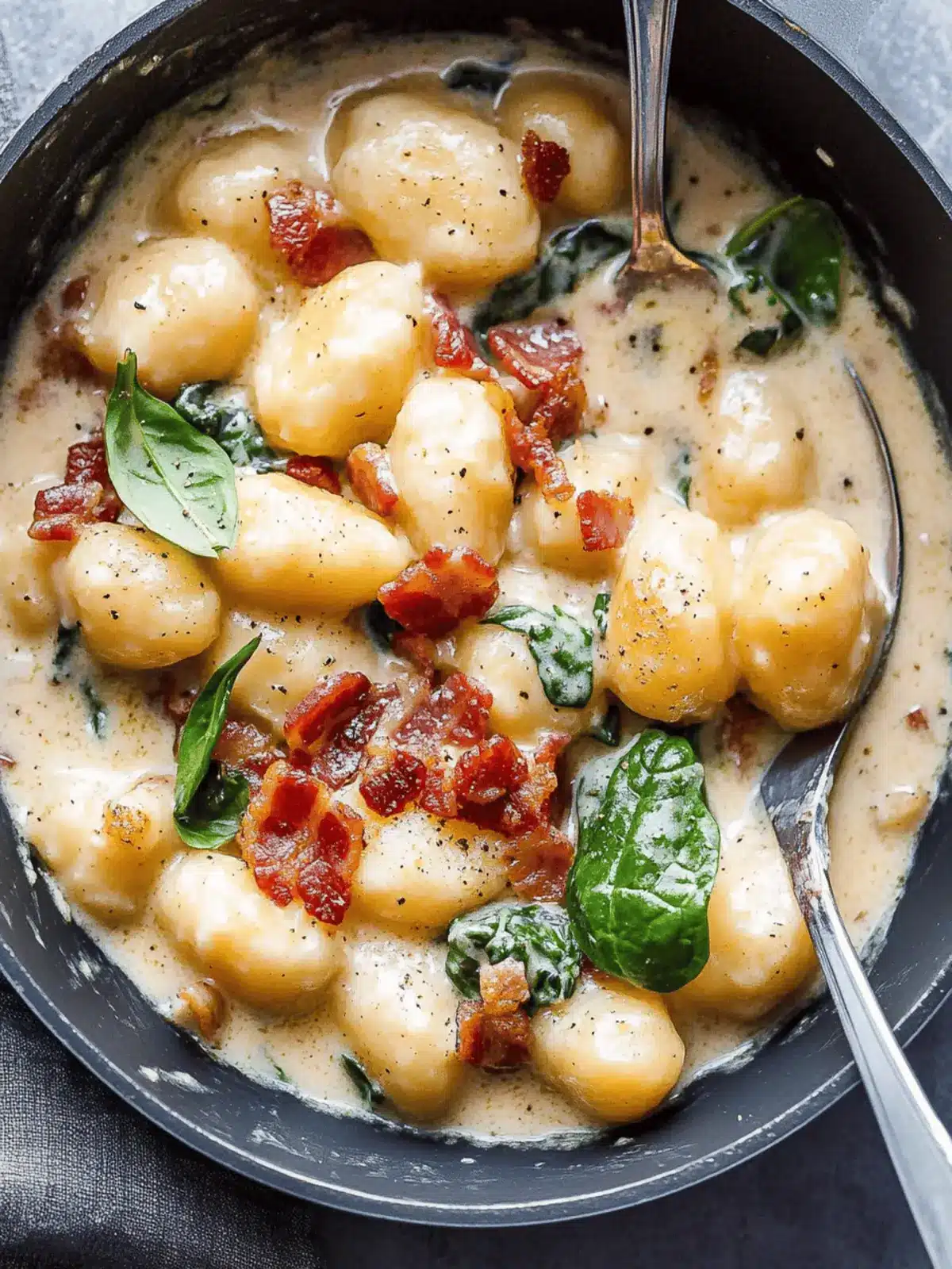 Potato Gnocchi in Bacon Spinach Cream Sauce