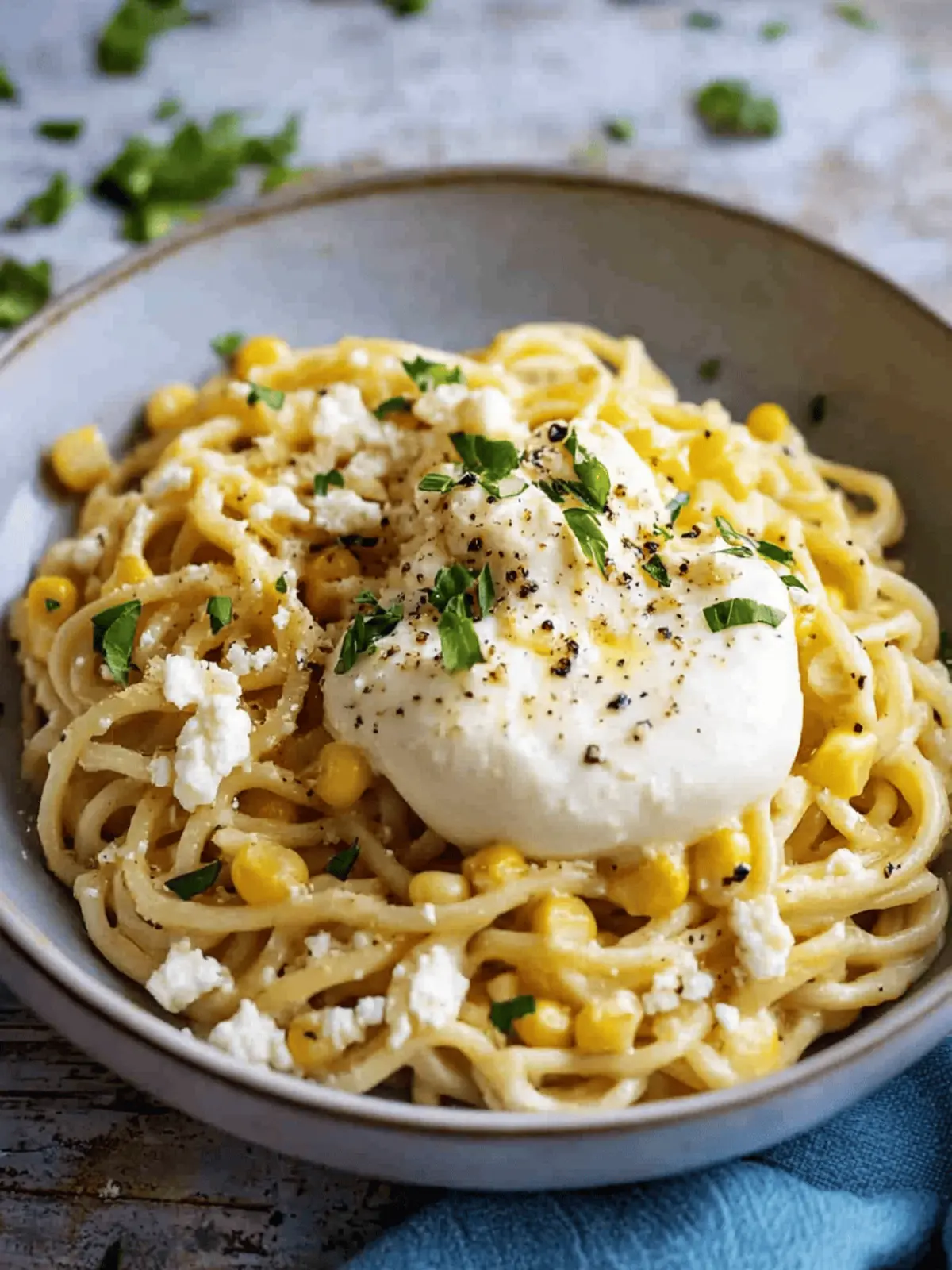 Creamy Corn and Bucatini with Burrata