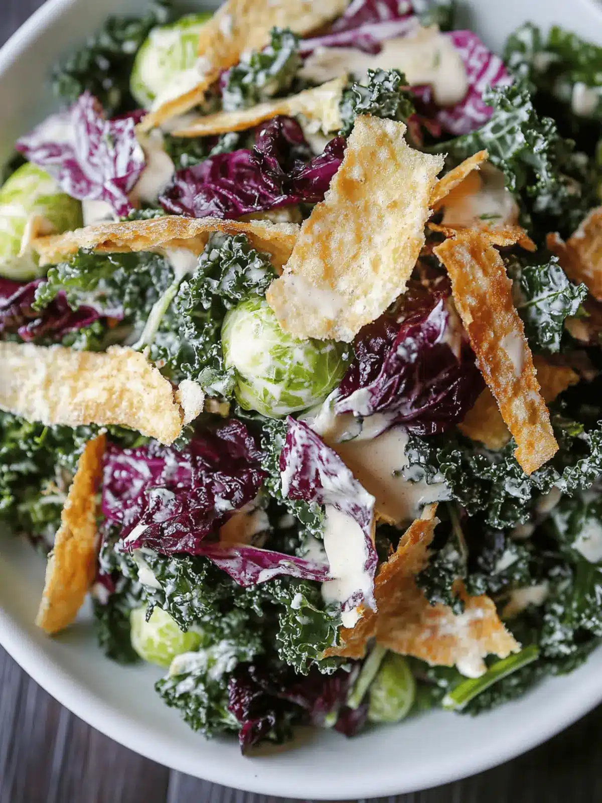 Kale Caesar Salad with Brussels Sprouts and Radicchio