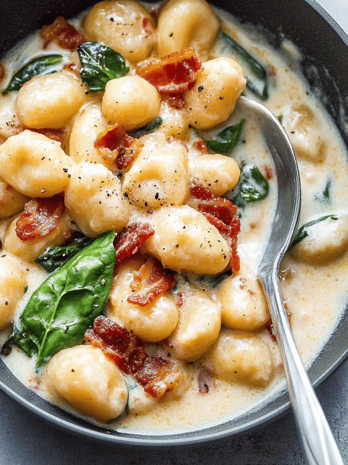 Potato Gnocchi in Bacon Spinach Cream Sauce