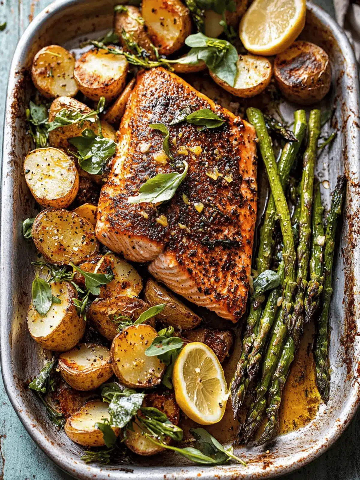 Lemon Brown Butter Salmon and Potatoes with Parmesan Asparagus
