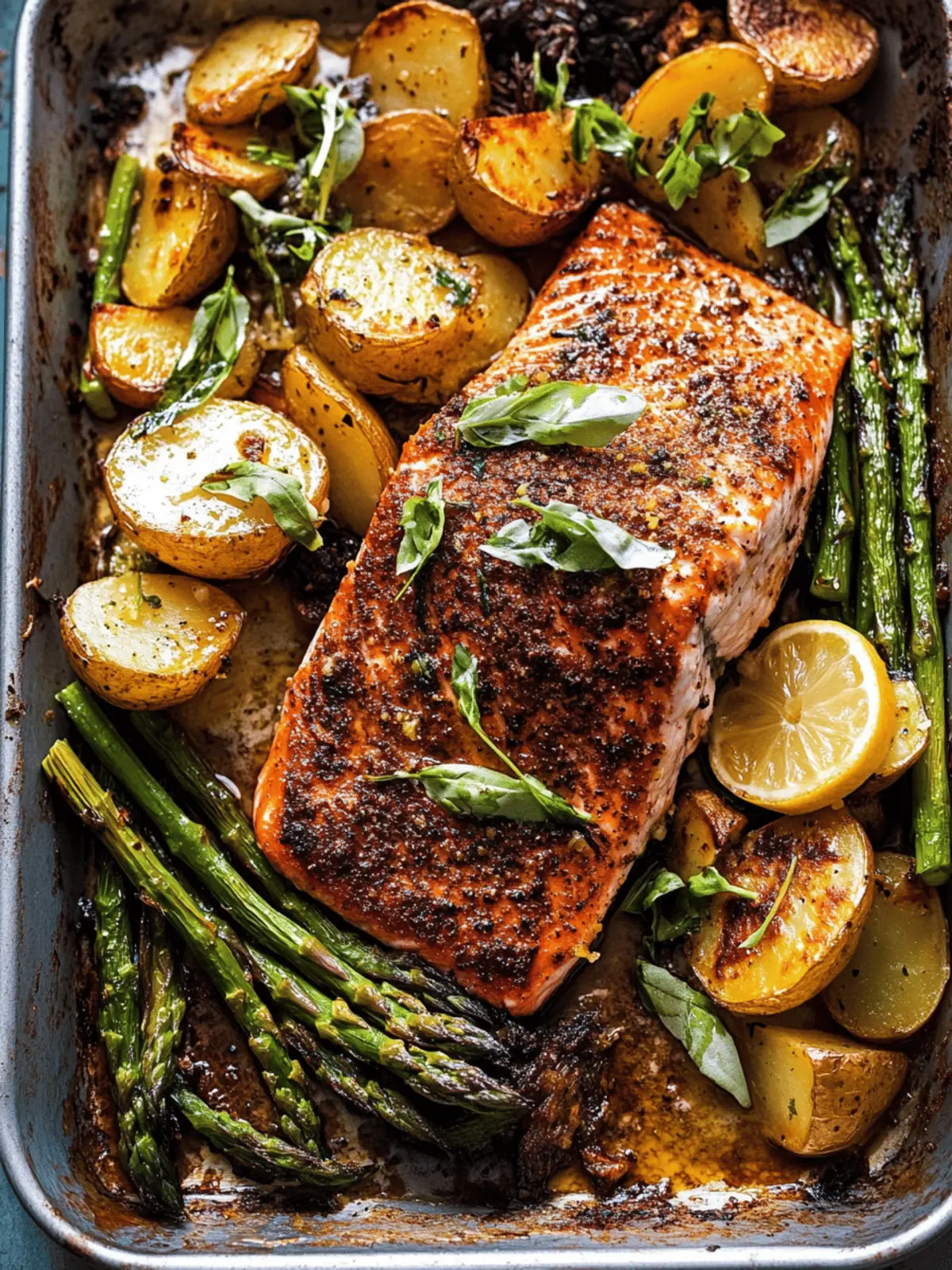 Lemon Brown Butter Salmon and Potatoes with Parmesan Asparagus