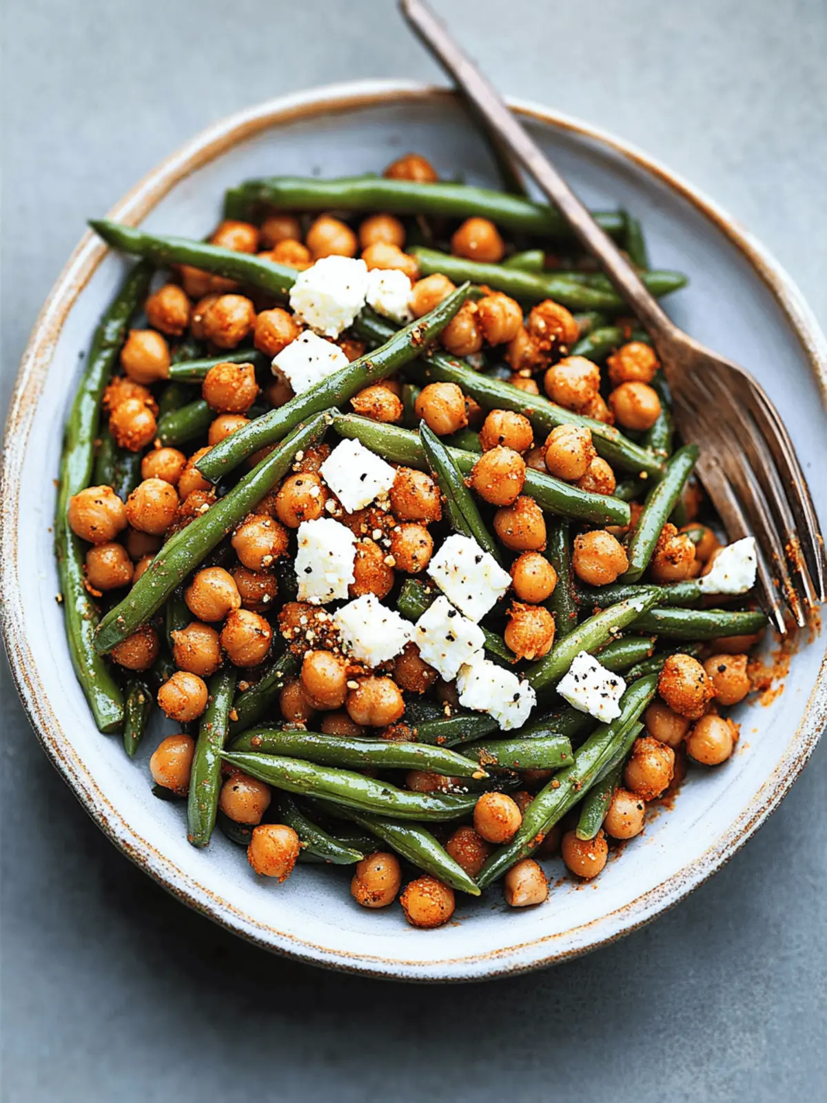 Spicy Harissa Green Beans with Feta and Crunchy Chickpeas