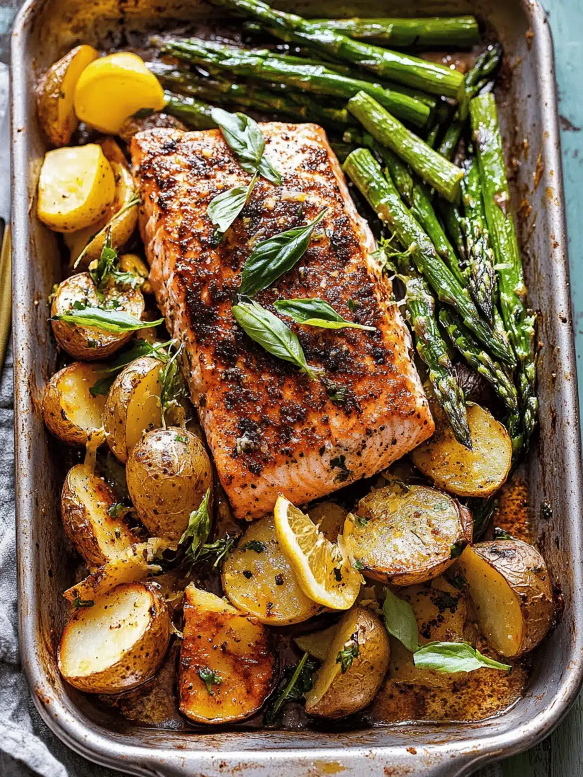 Lemon Brown Butter Salmon and Potatoes with Parmesan Asparagus