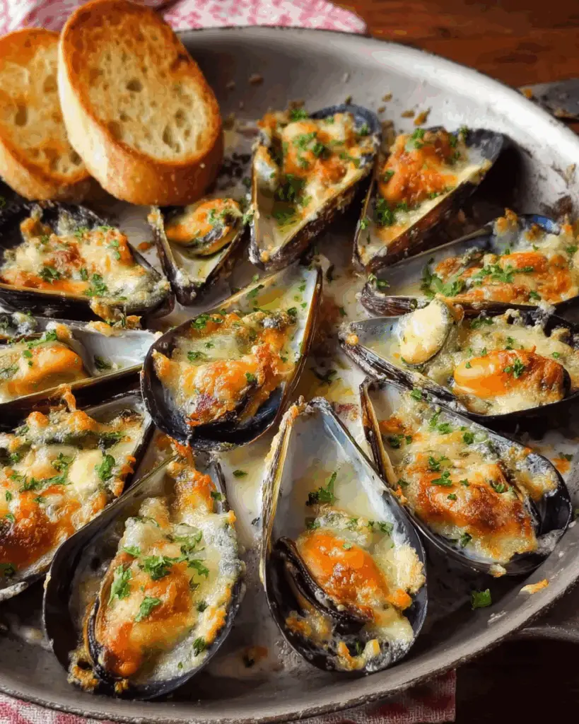 Cheesy Garlic Mussels