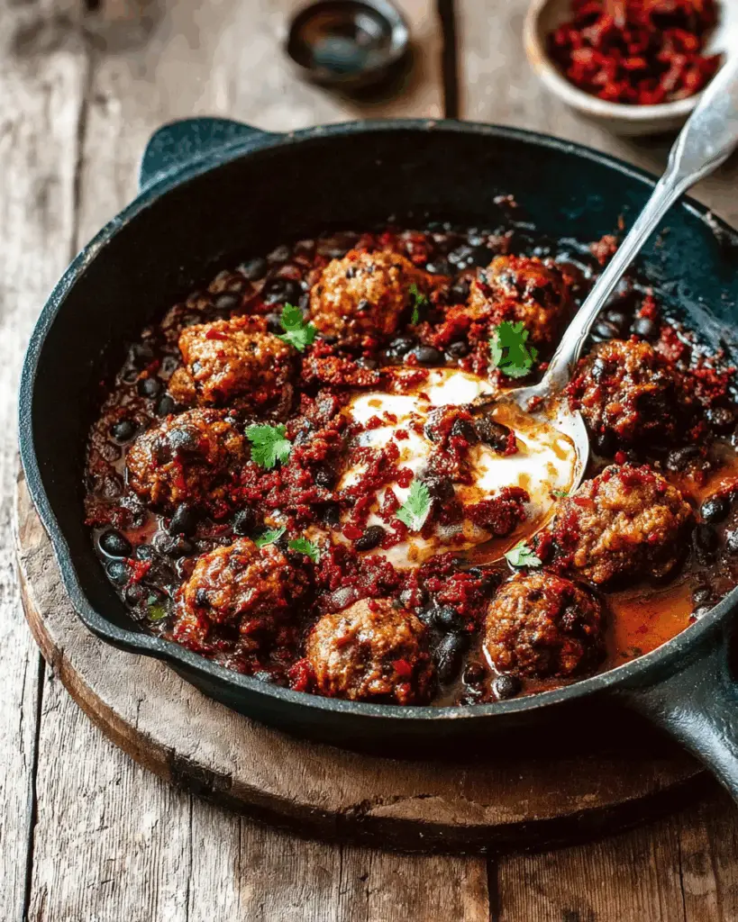 Chili Meatballs in Black Bean and Tomato Sauce
