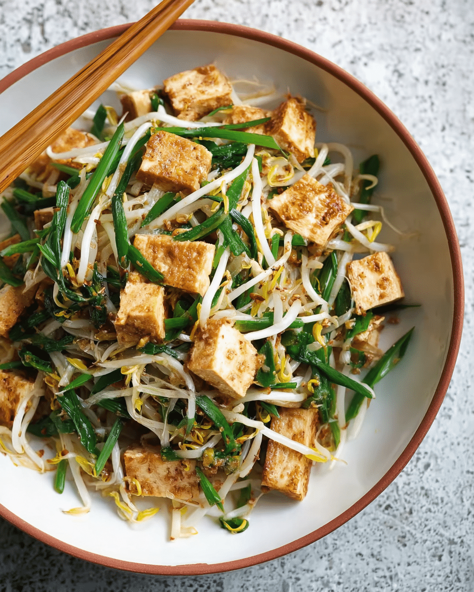 Stir Fried Bean Sprouts with Tofu and Garlic Chives