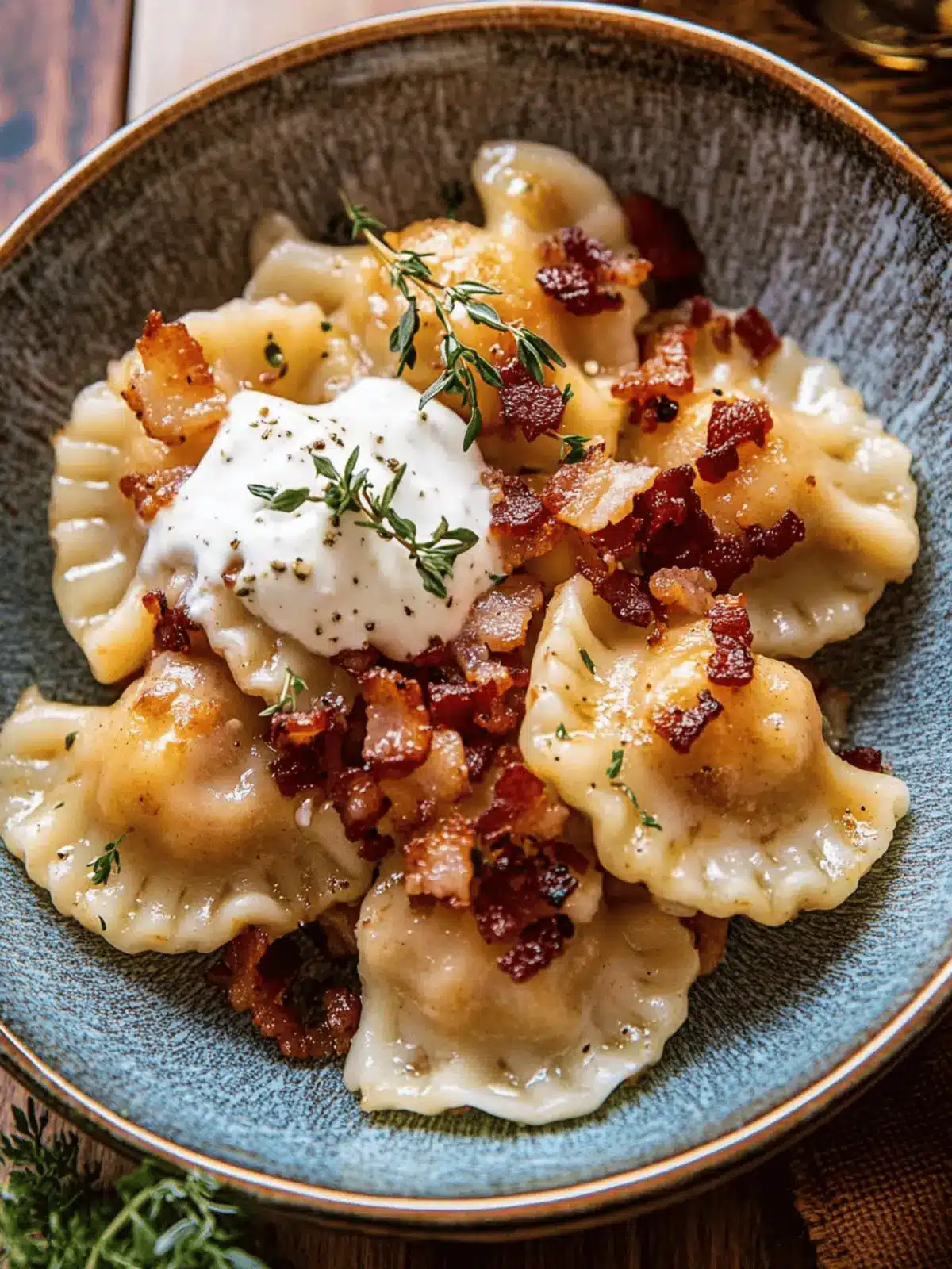 Sweet Potato Cheddar Pierogi with Bacon Bits