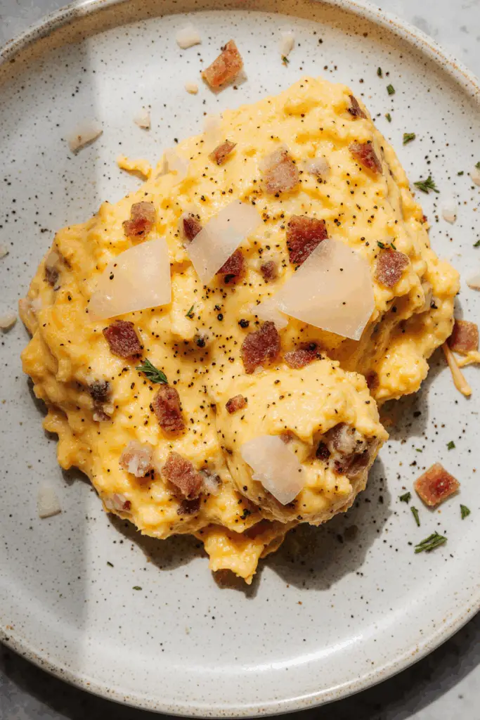 Silky Scrambled Eggs With Pancetta, Pepper and Pecorino