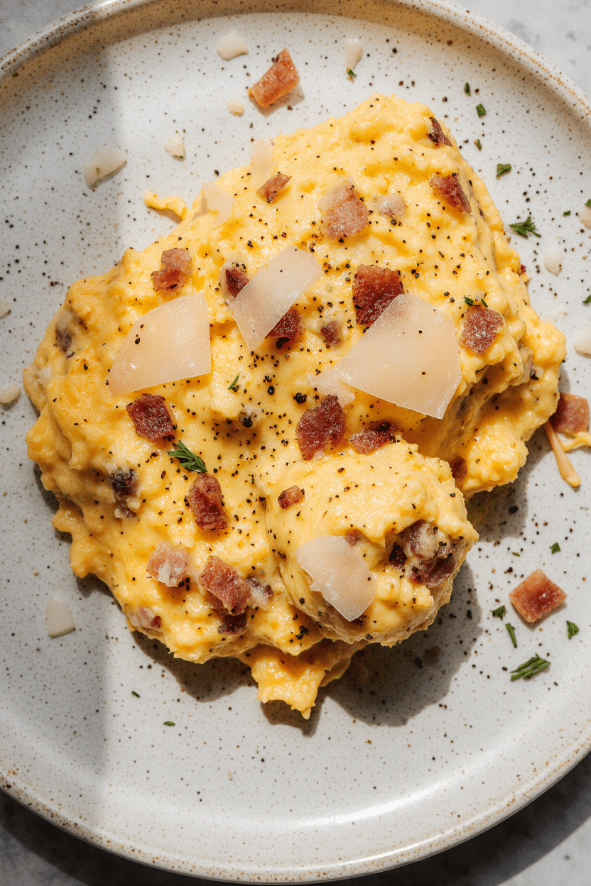 Silky Scrambled Eggs With Pancetta, Pepper and Pecorino