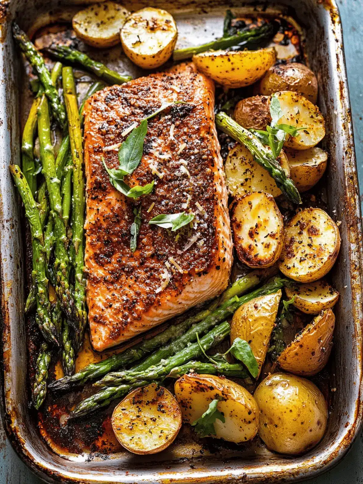 Lemon Brown Butter Salmon and Potatoes with Parmesan Asparagus