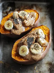 Breakfast Baked Sweet Potatoes with Almond Butter, Banana & Chia