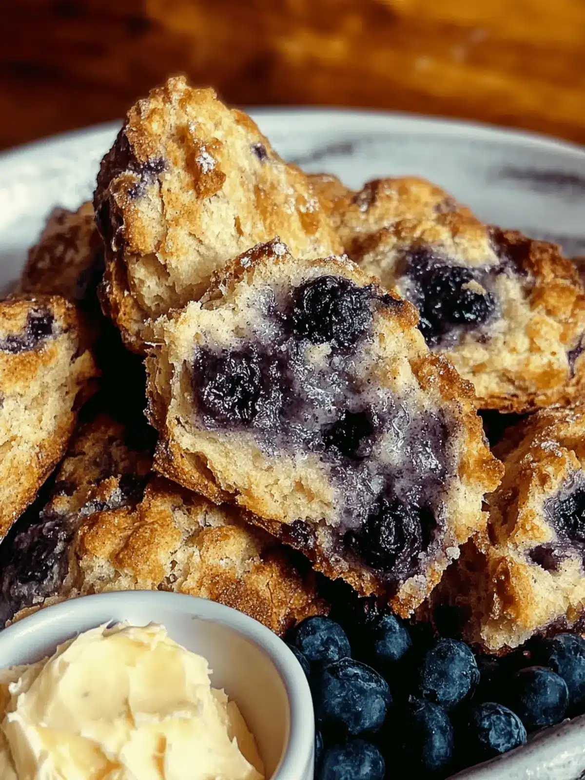 Blueberry Cinnamon Crunch Sourdough Cathead Biscuits with Whipped Salted Vanilla Bean Butter