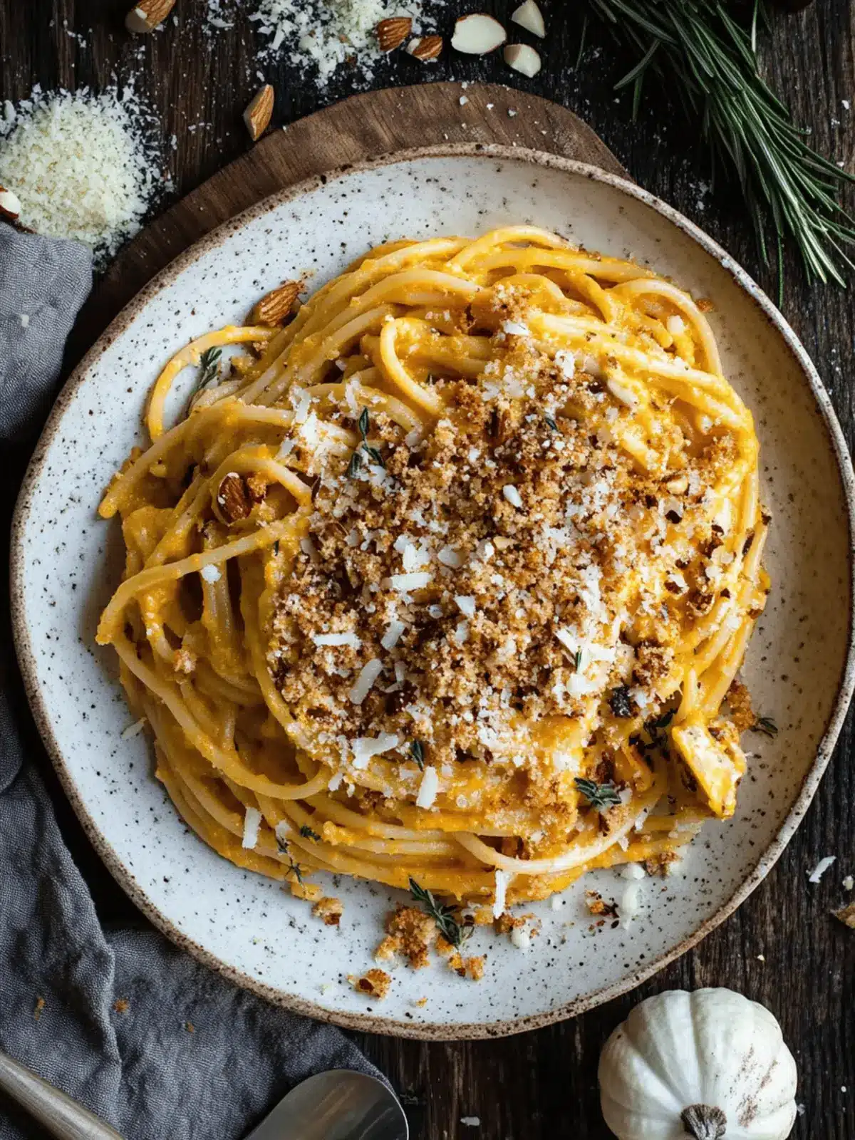 Creamy Pumpkin Pasta with Rosemary Almond Breadcrumbs