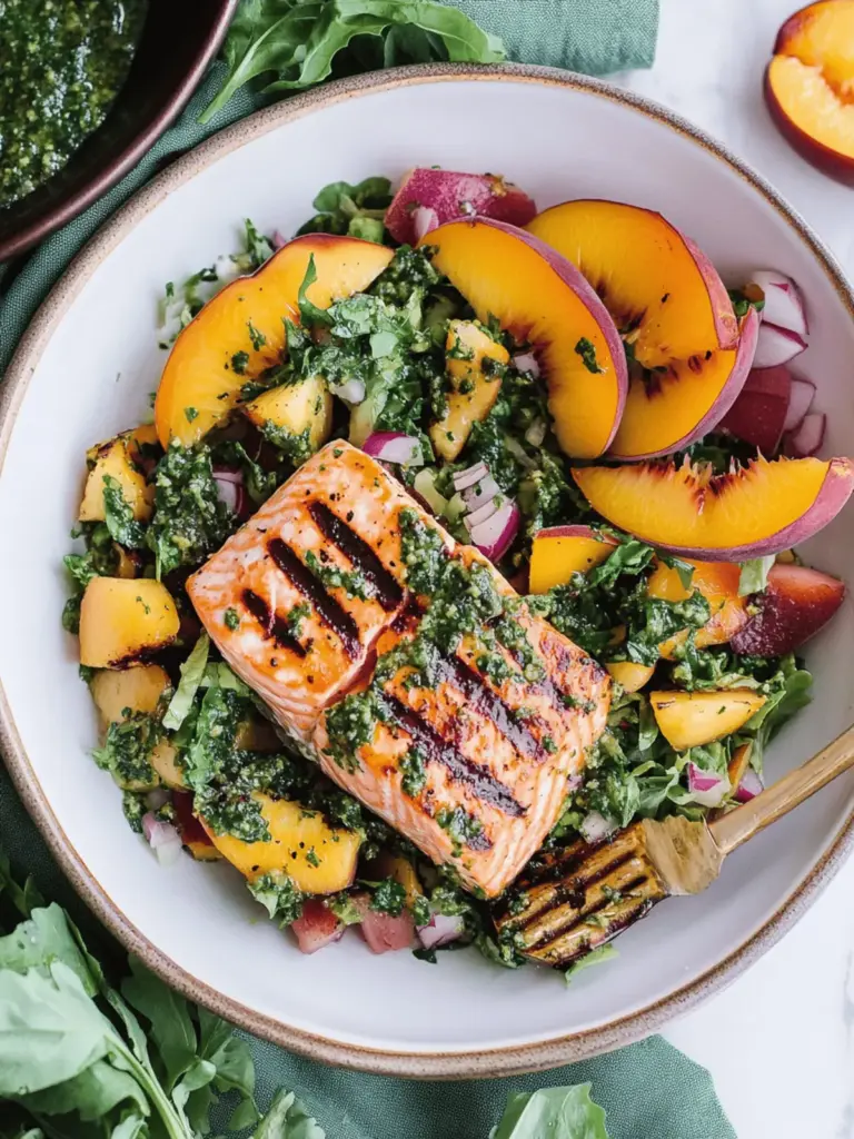 Summer Salmon Salad with Grilled Peaches and Chimichurri