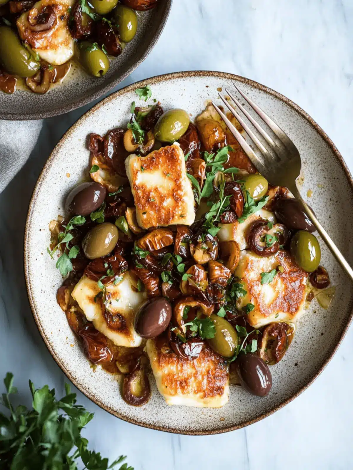 Pan-Fried Halloumi Cheese with Olives & Hazelnuts
