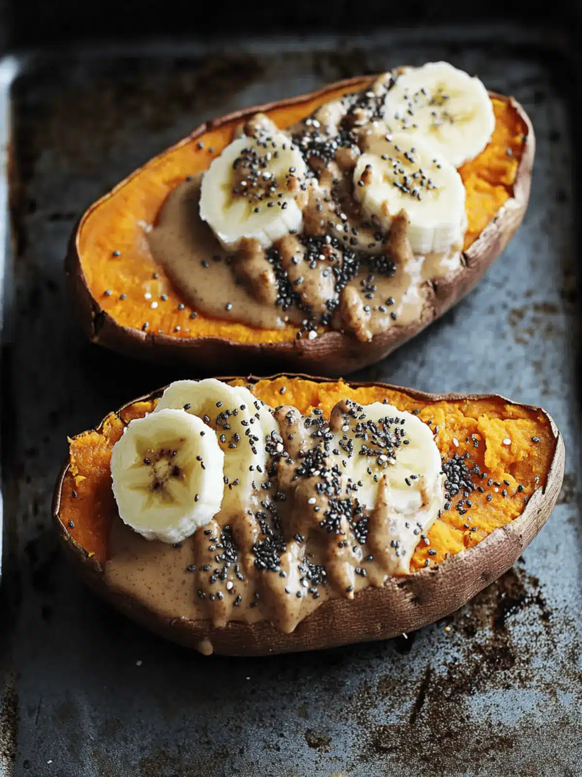 Breakfast Baked Sweet Potatoes with Almond Butter, Banana & Chia