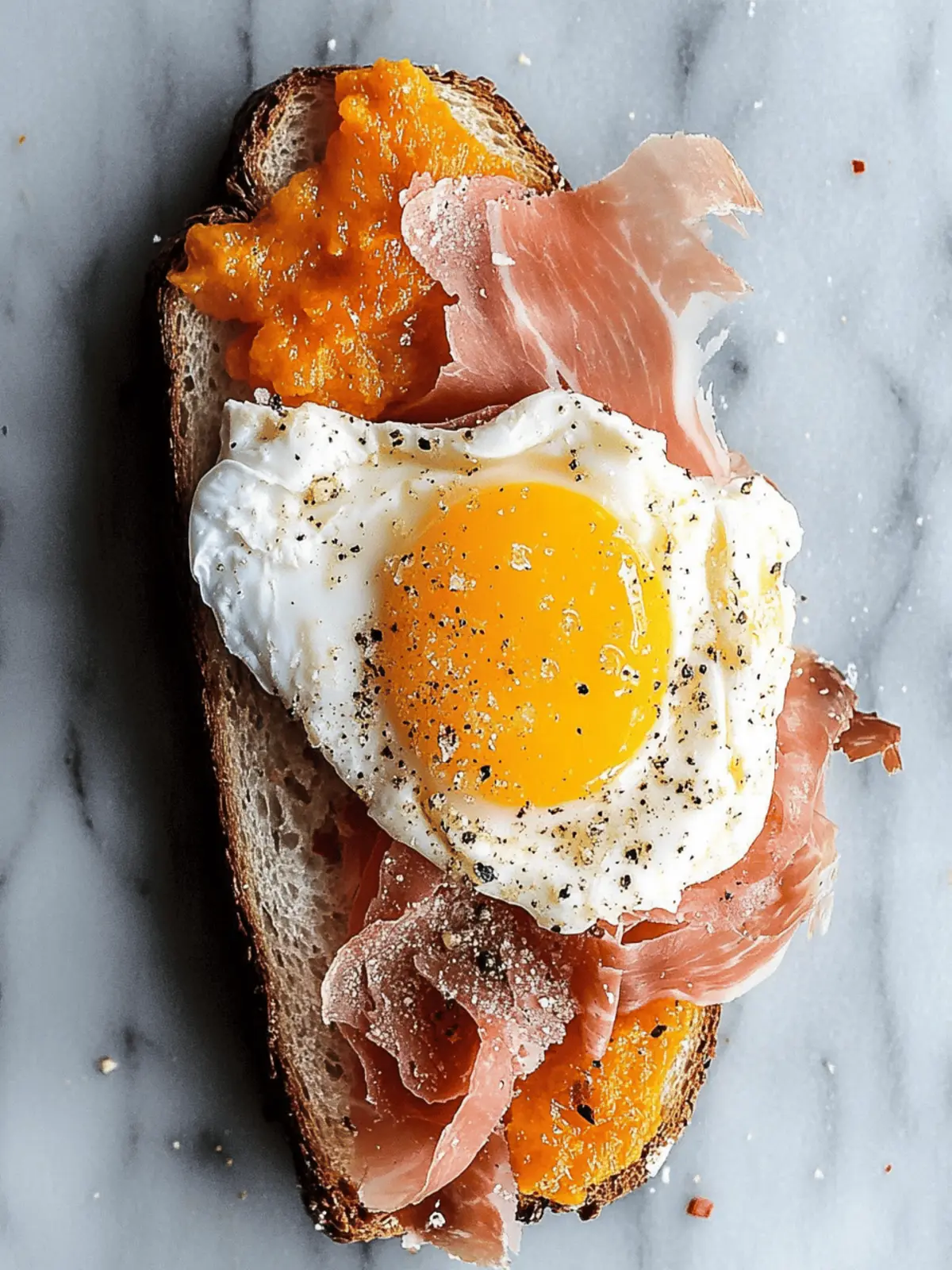 Fried Egg Yolk, Burrata and Prosciutto Toast