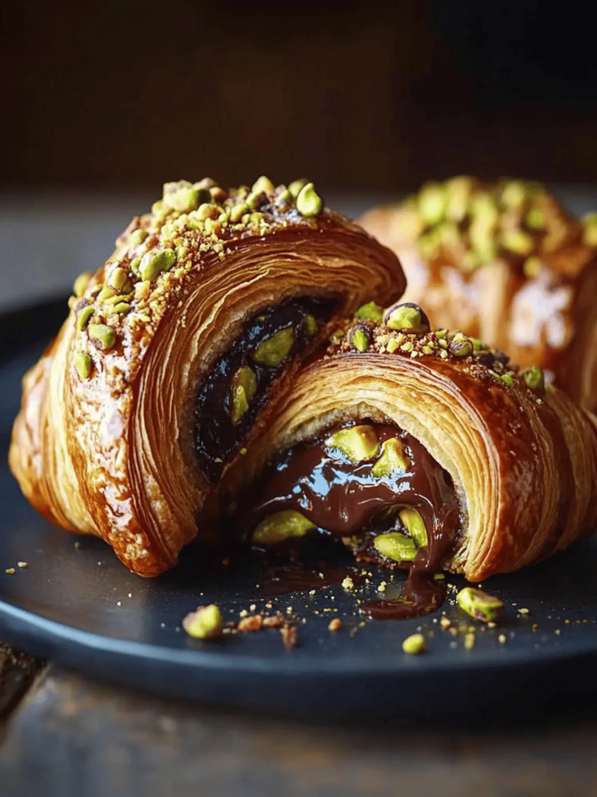 Pistachio Chocolate Croissant with Melted Ganache and Crunchy Topping