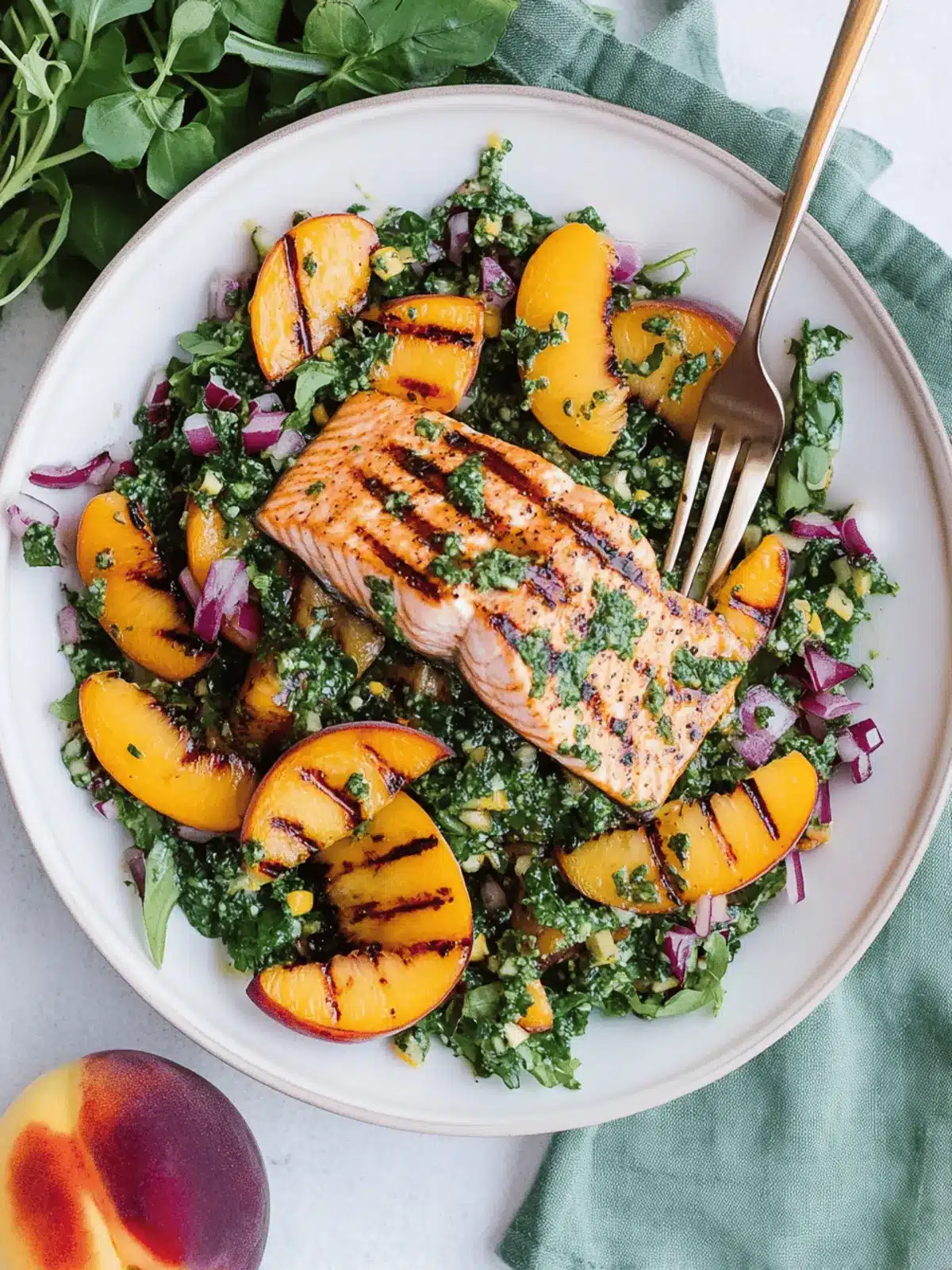 Summer Salmon Salad with Grilled Peaches and Chimichurri