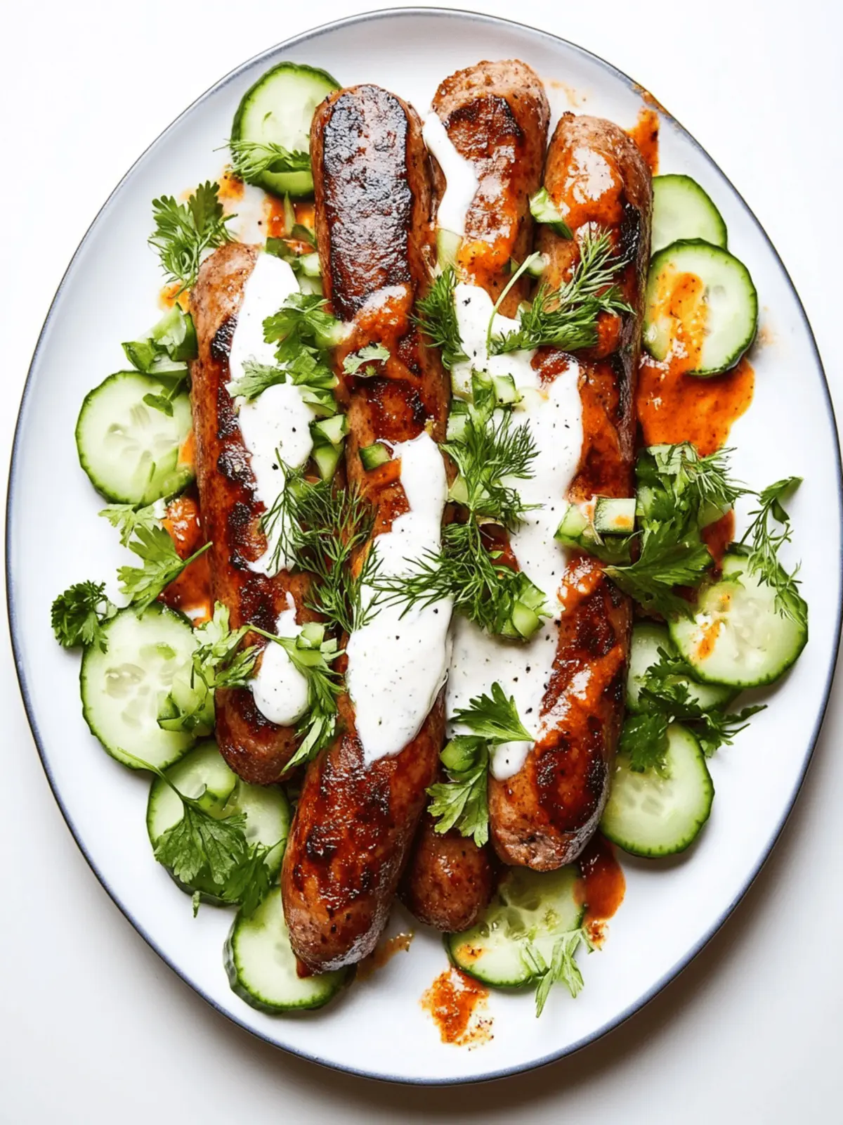 Spicy Merguez Sausage with Harissa and Cucumber Yogurt