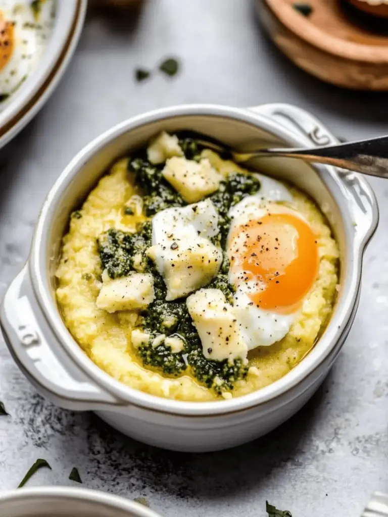 Creamy Breakfast Polenta with Pesto & Eggs