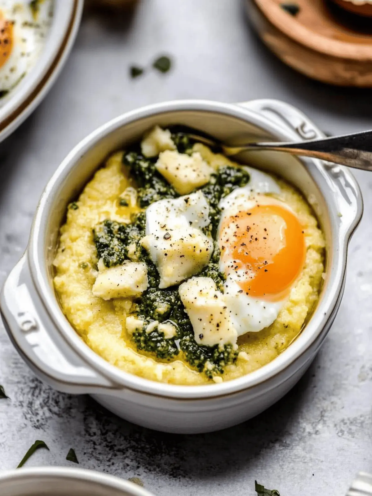 Creamy Breakfast Polenta with Pesto & Eggs