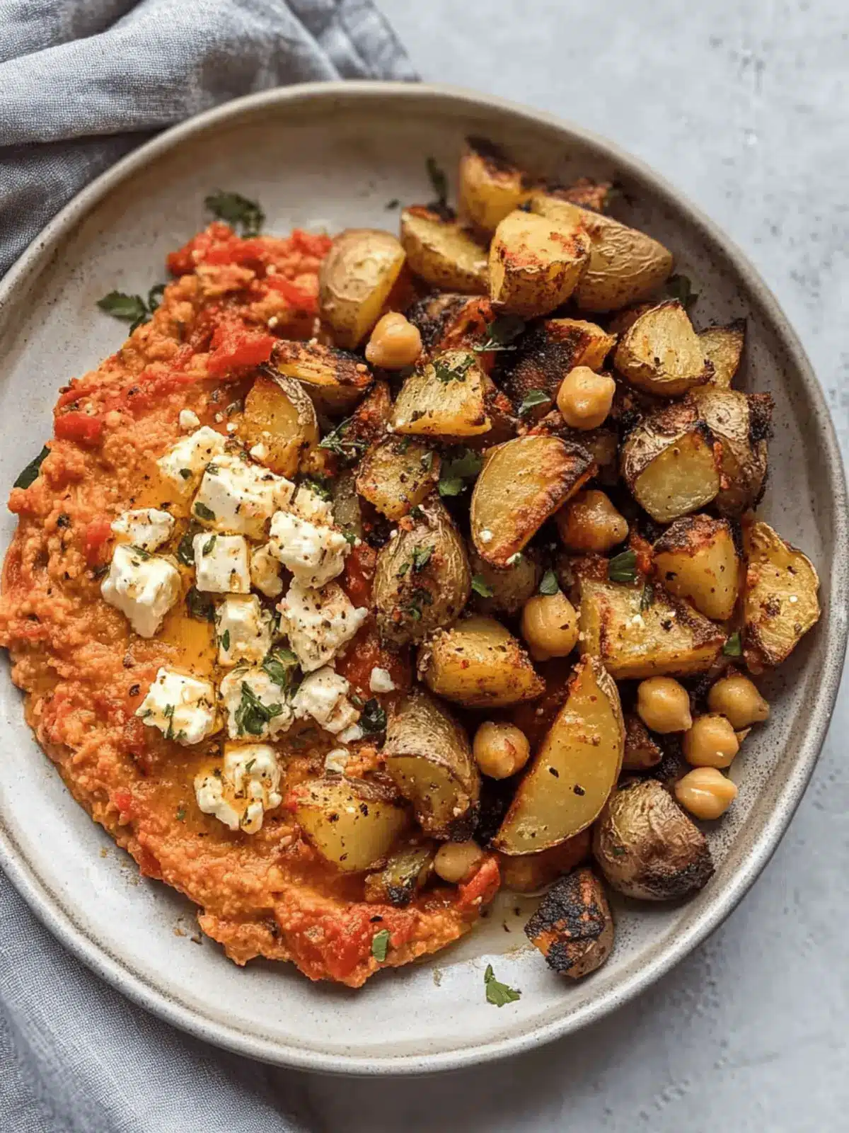 Red Pepper Feta Dip with Roasted Potatoes & Chickpeas