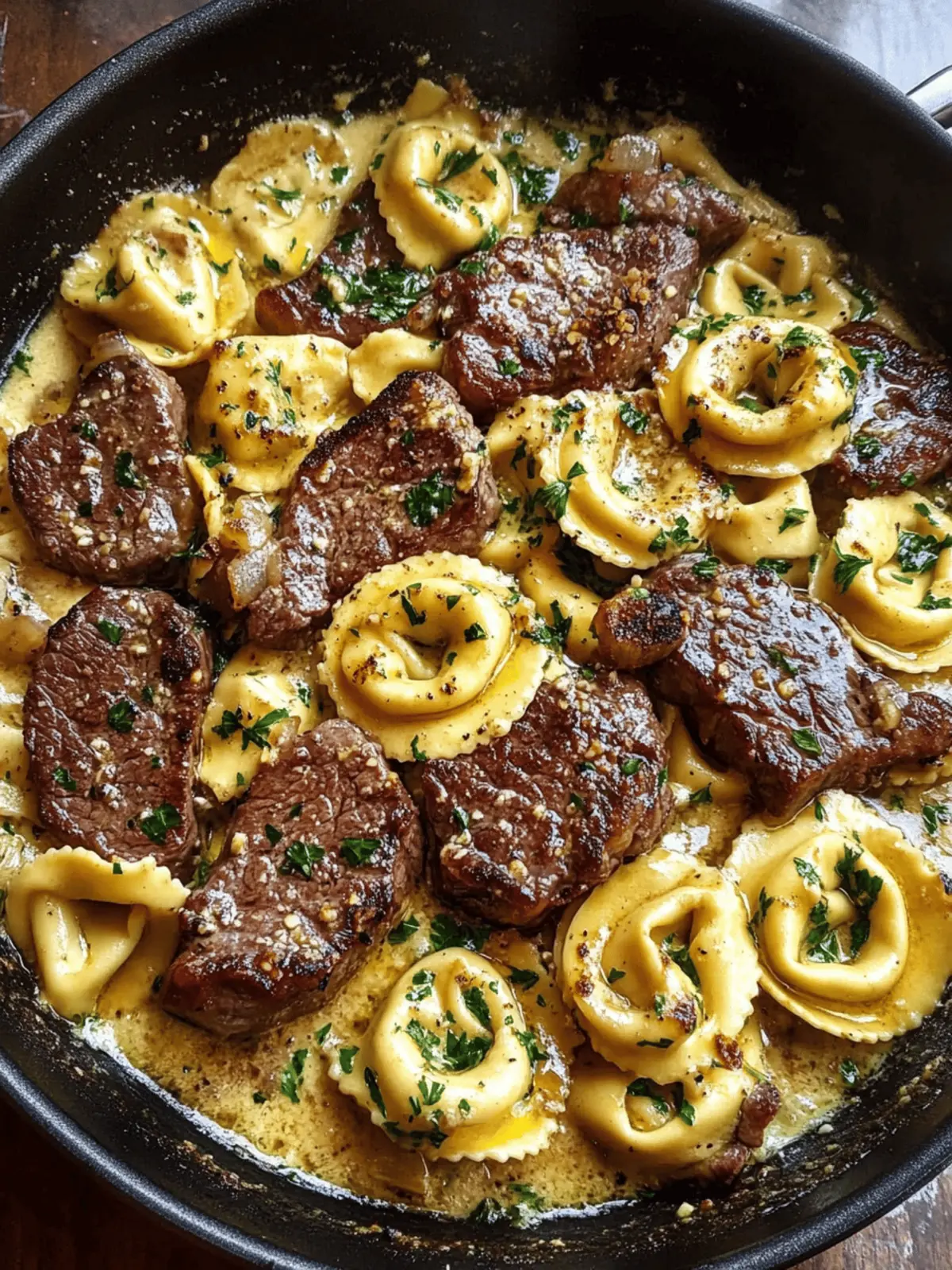 Garlic Steak & Cheese-Filled Tortellini Skillet