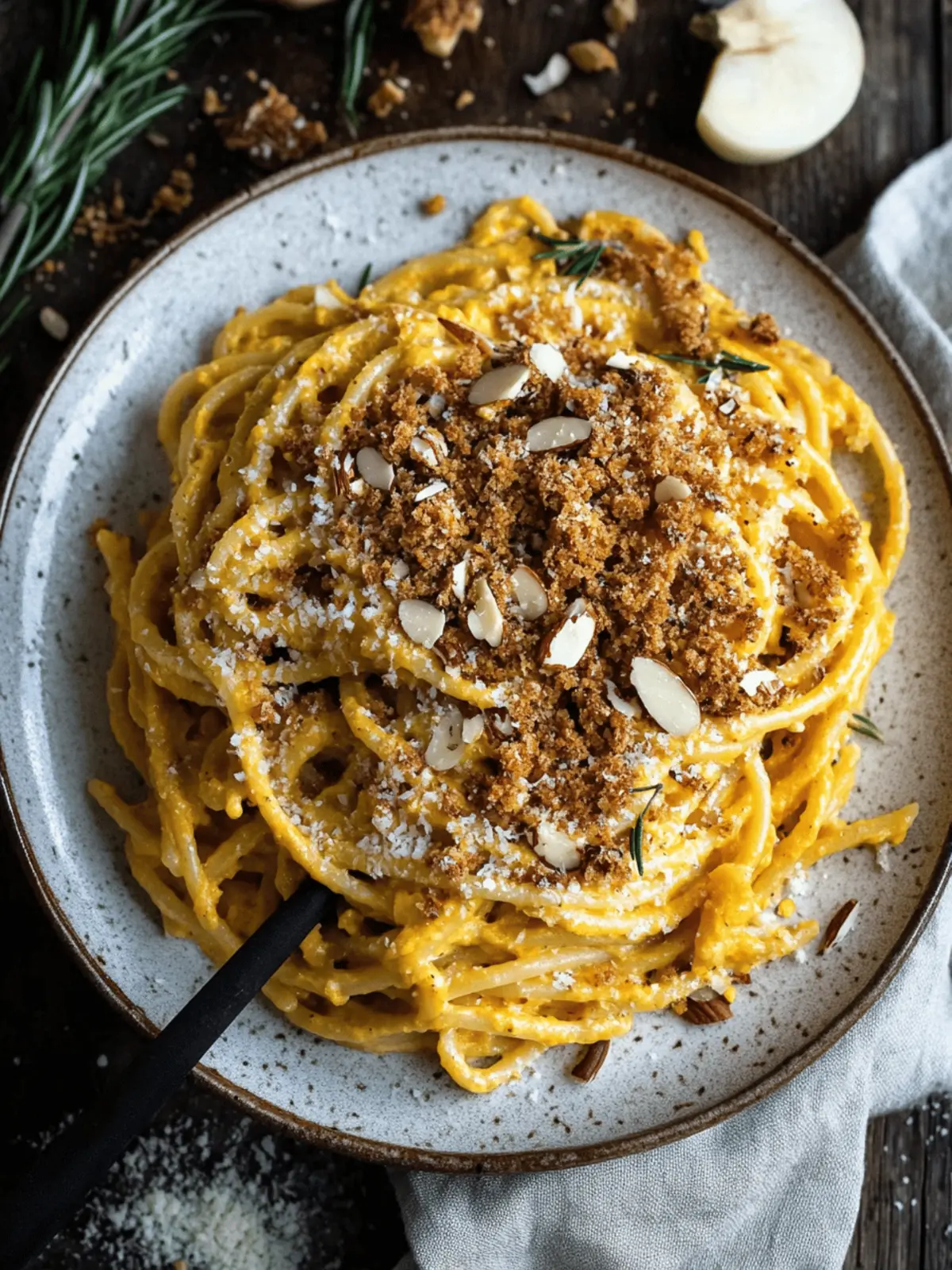 Creamy Pumpkin Pasta with Rosemary Almond Breadcrumbs