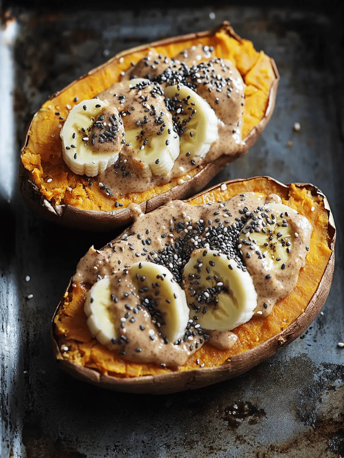 Breakfast Baked Sweet Potatoes with Almond Butter, Banana & Chia