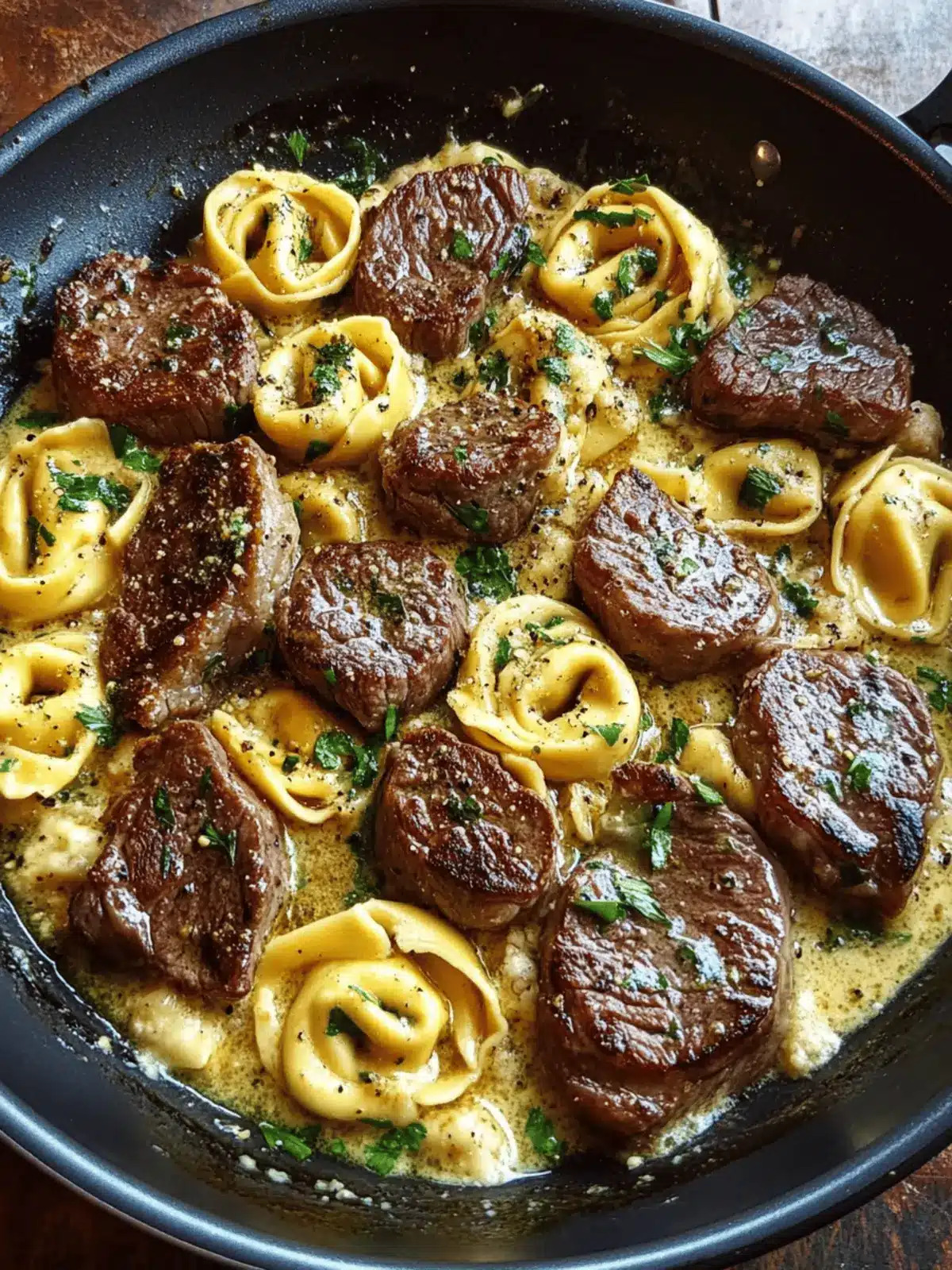 Garlic Steak & Cheese-Filled Tortellini Skillet