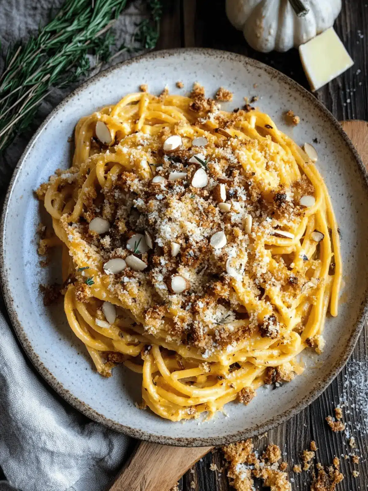 Creamy Pumpkin Pasta with Rosemary Almond Breadcrumbs