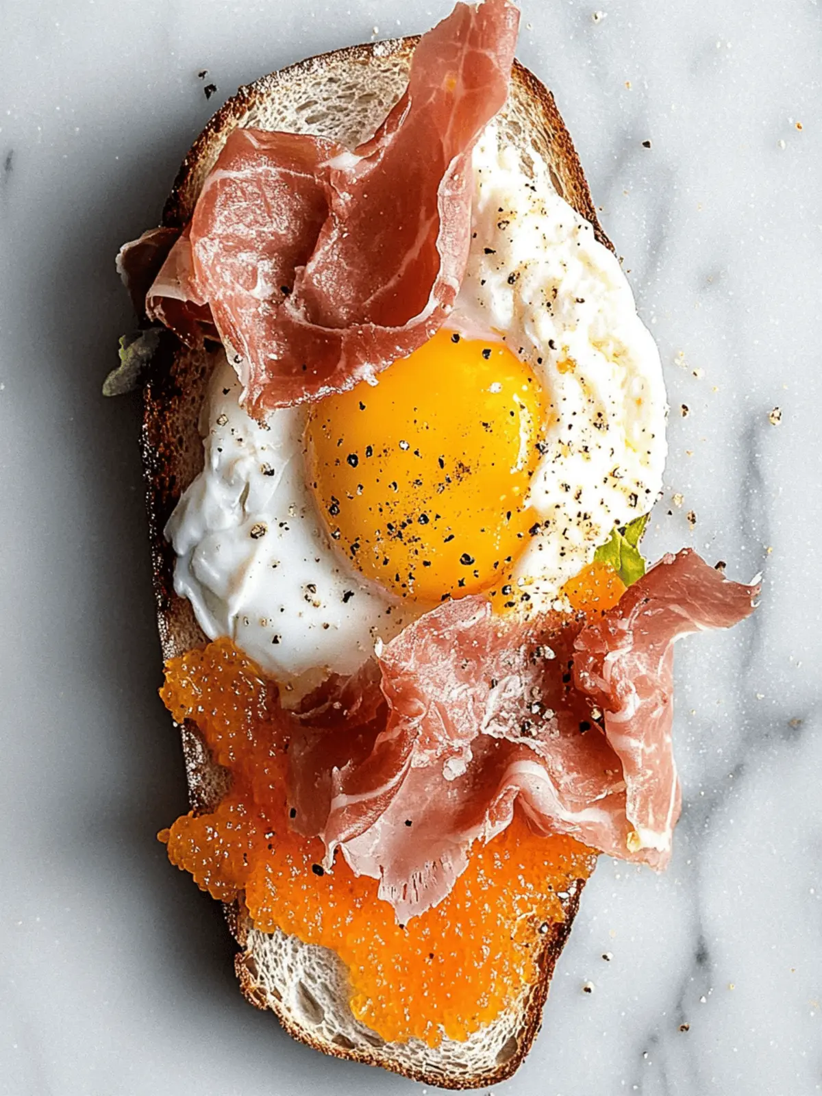 Fried Egg Yolk, Burrata and Prosciutto Toast
