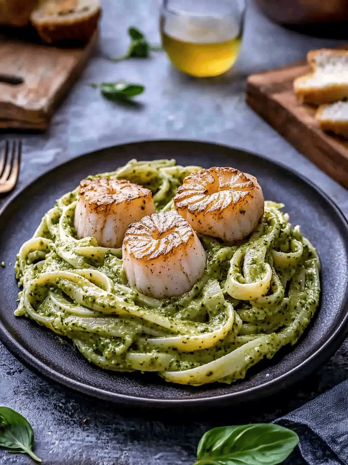 Creamy Pesto Pasta with Seared Scallops