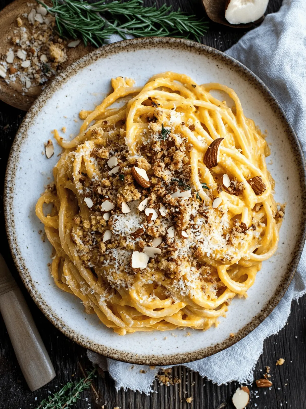 Creamy Pumpkin Pasta with Rosemary Almond Breadcrumbs